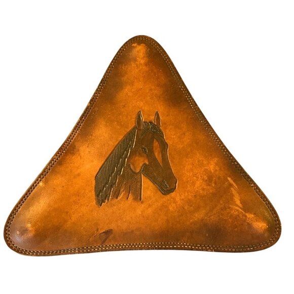 Vintage Tooled Leather Horse Wall Art Triangle Western Decor Saddle Style - Picture 1 of 15